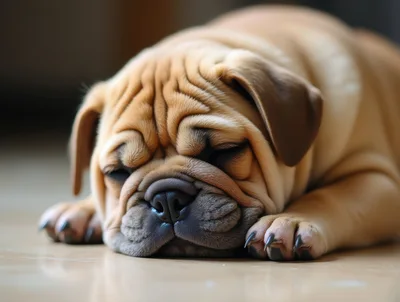 Sleeping English Bulldog Puppy Resting On Floor