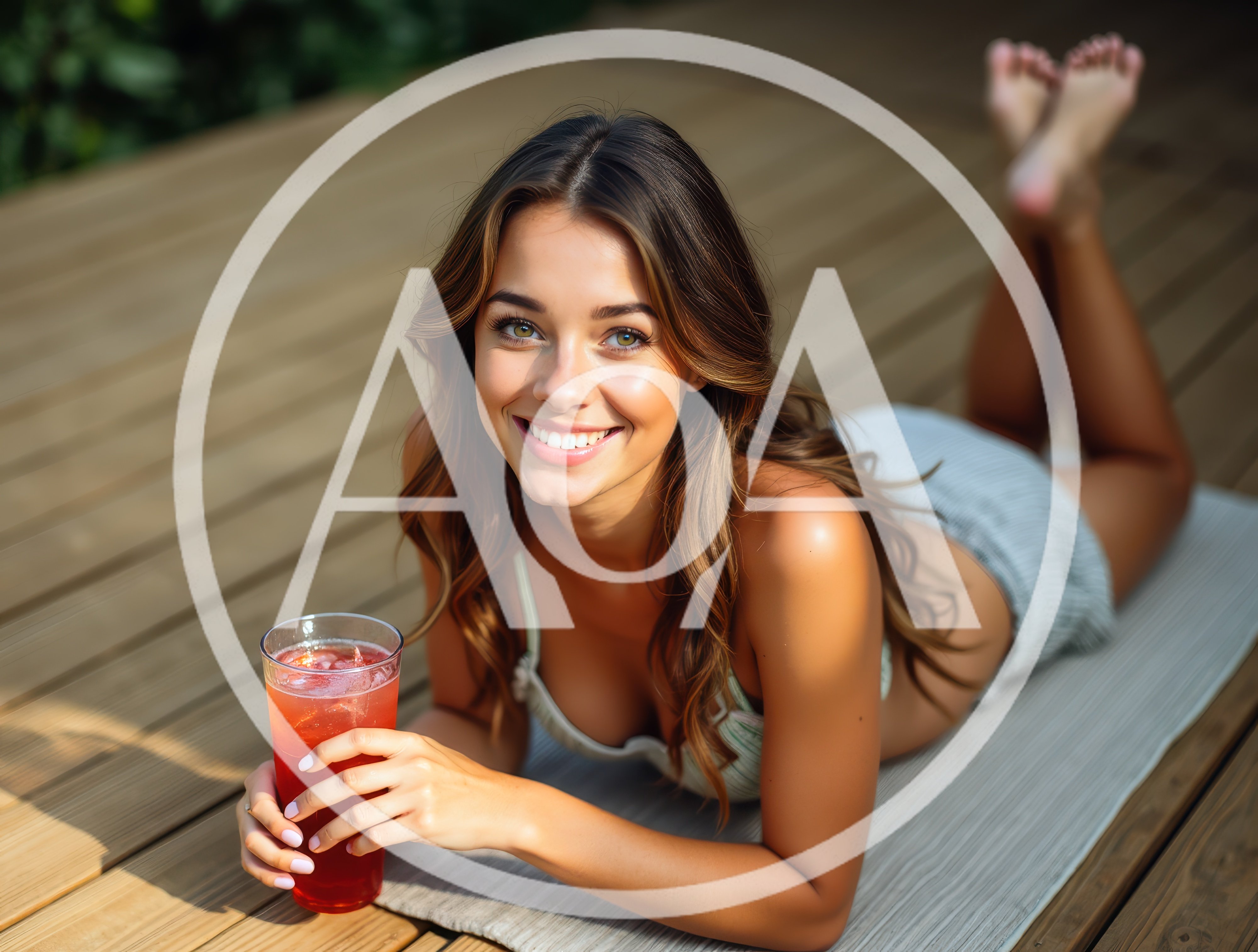 Young Woman Relaxing On Wooden Deck With Iced Drink