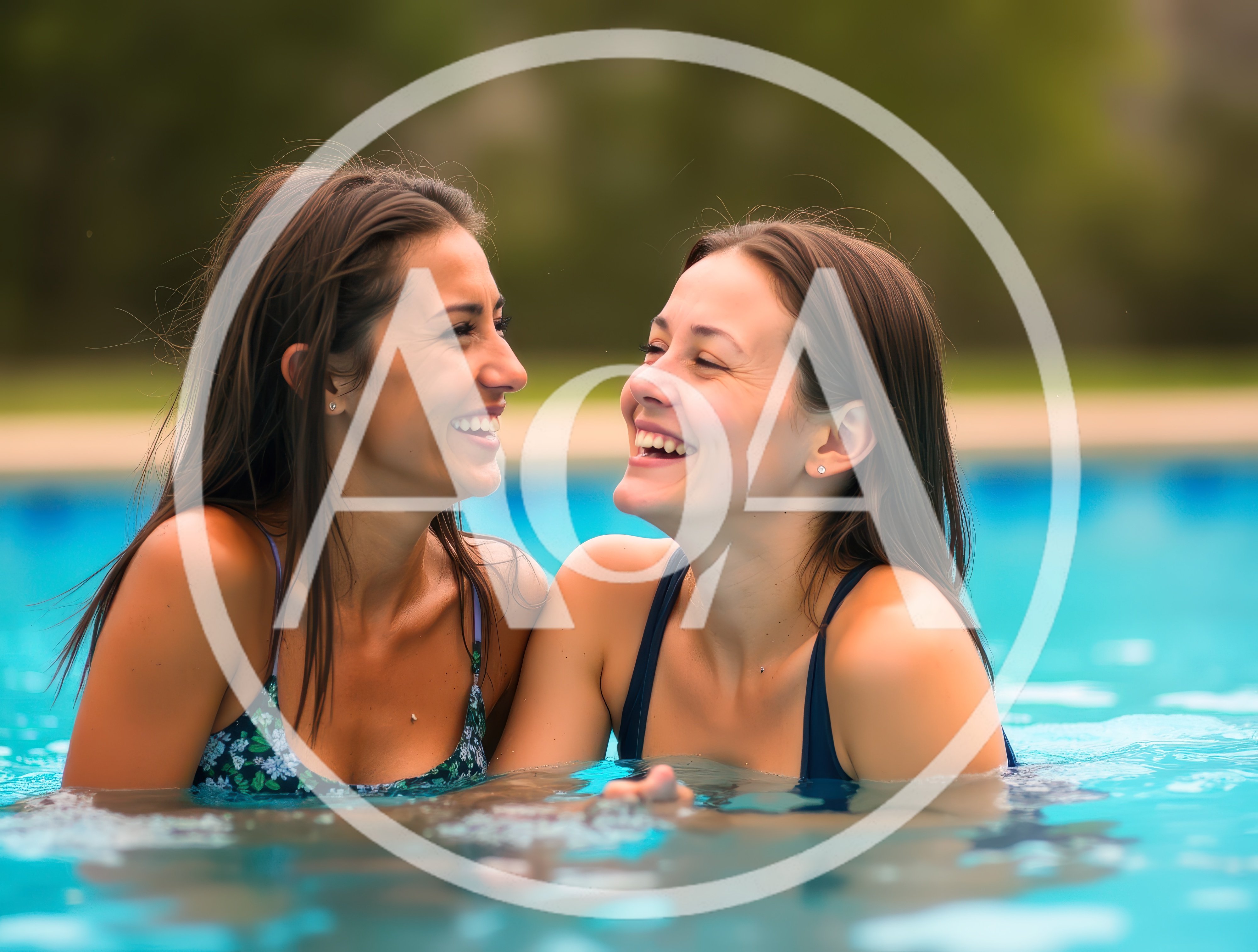 Two Happy Women Laughing Together In A Swimming Pool
