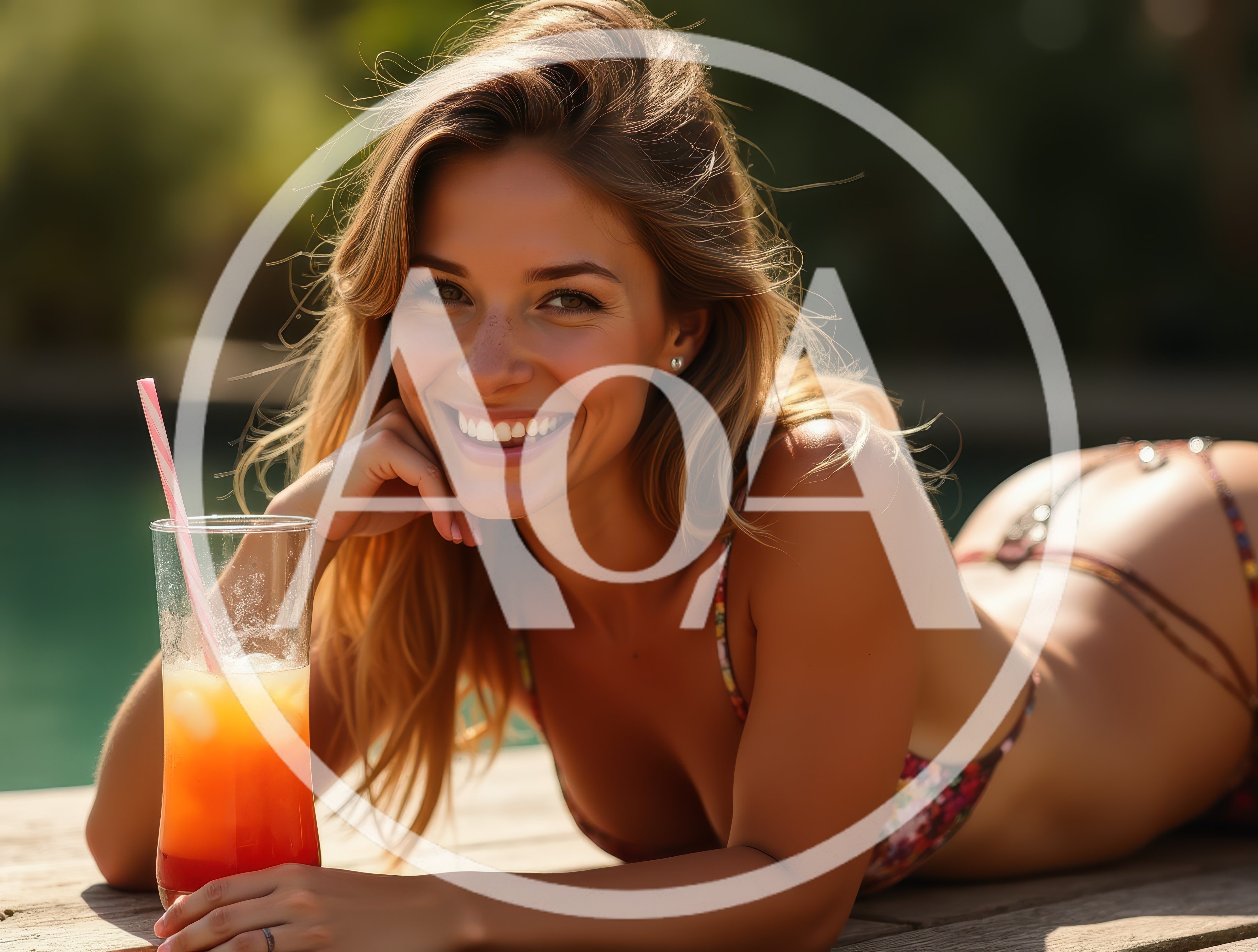 Smiling Woman Relaxing By The Pool With A Cocktail