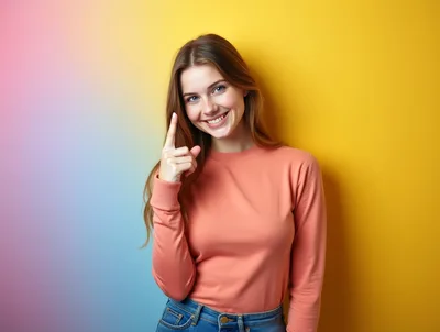 Smiling Young Woman Pointing Upward