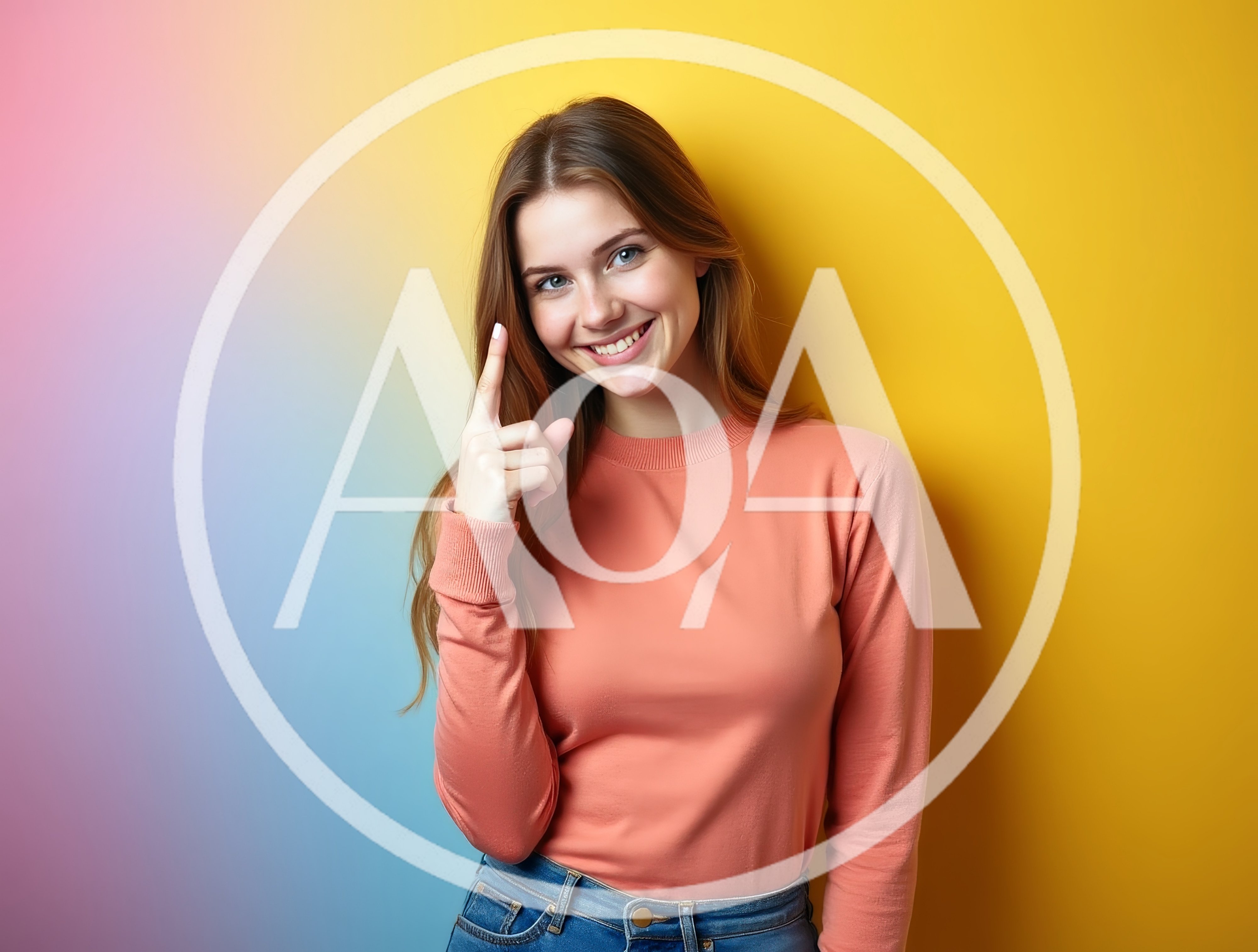 Smiling Young Woman Pointing Upward