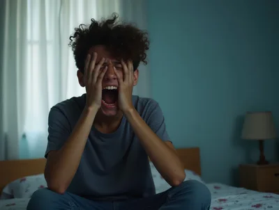 Young Man Screaming In Distress On Bed