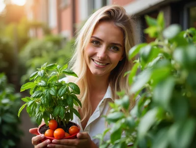 Smiling Woman Holding Potted Basil And Cherry Tomatoes