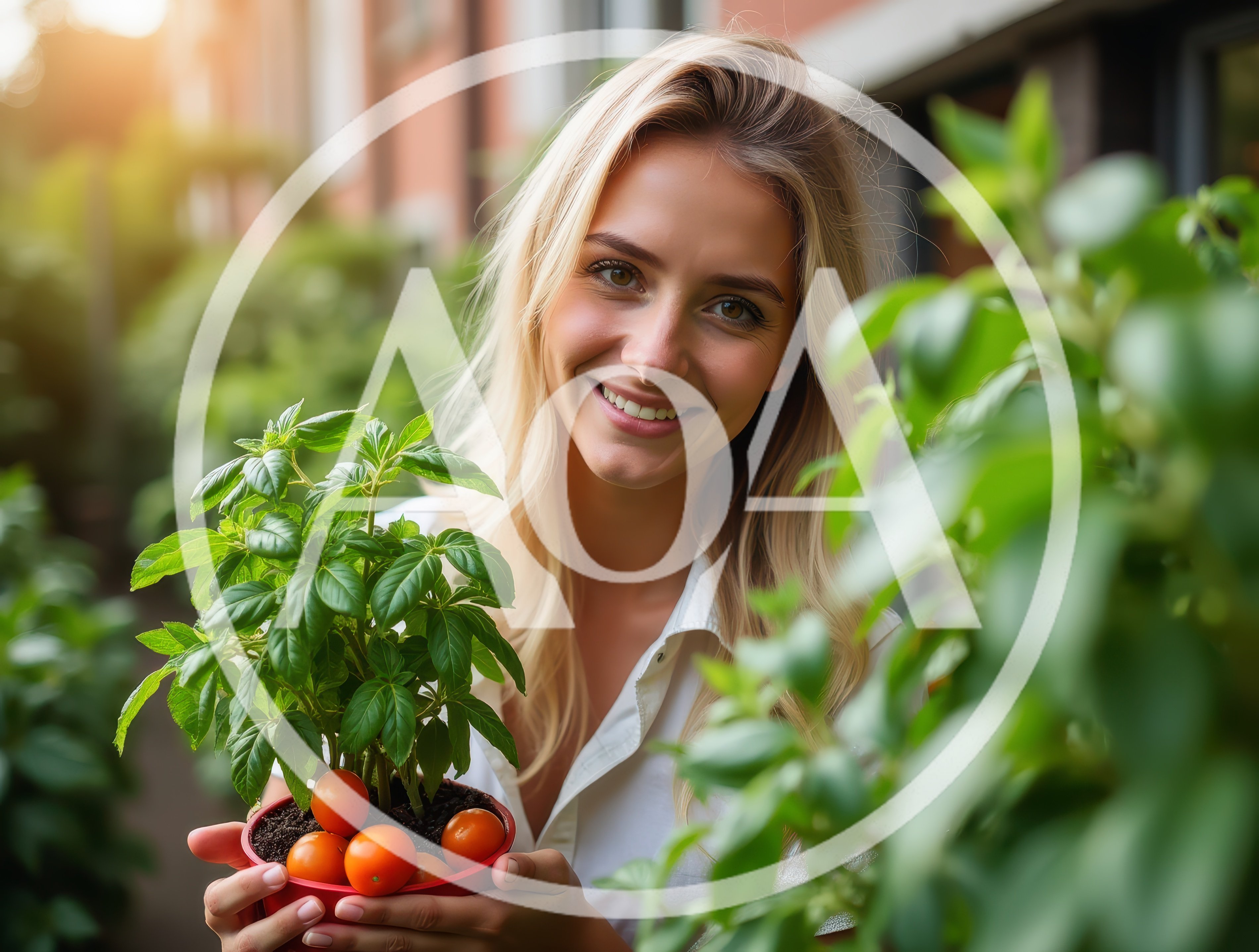Smiling Woman Holding Potted Basil And Cherry Tomatoes