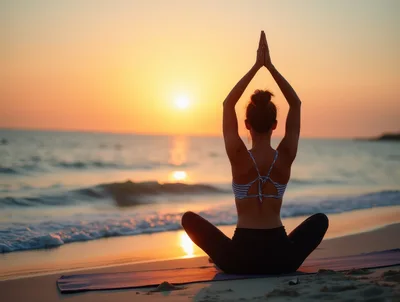 Woman Practicing Yoga In Lotus Pose At Sunset