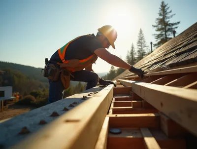 Construction Worker Installing Wooden Roof Framing