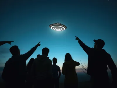 Group Of People Pointing At A Glowing UFO