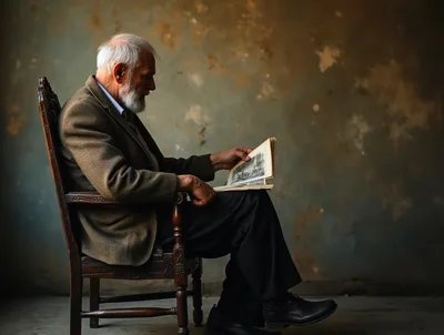 Elderly Man Reading An Antique Book In A Chair