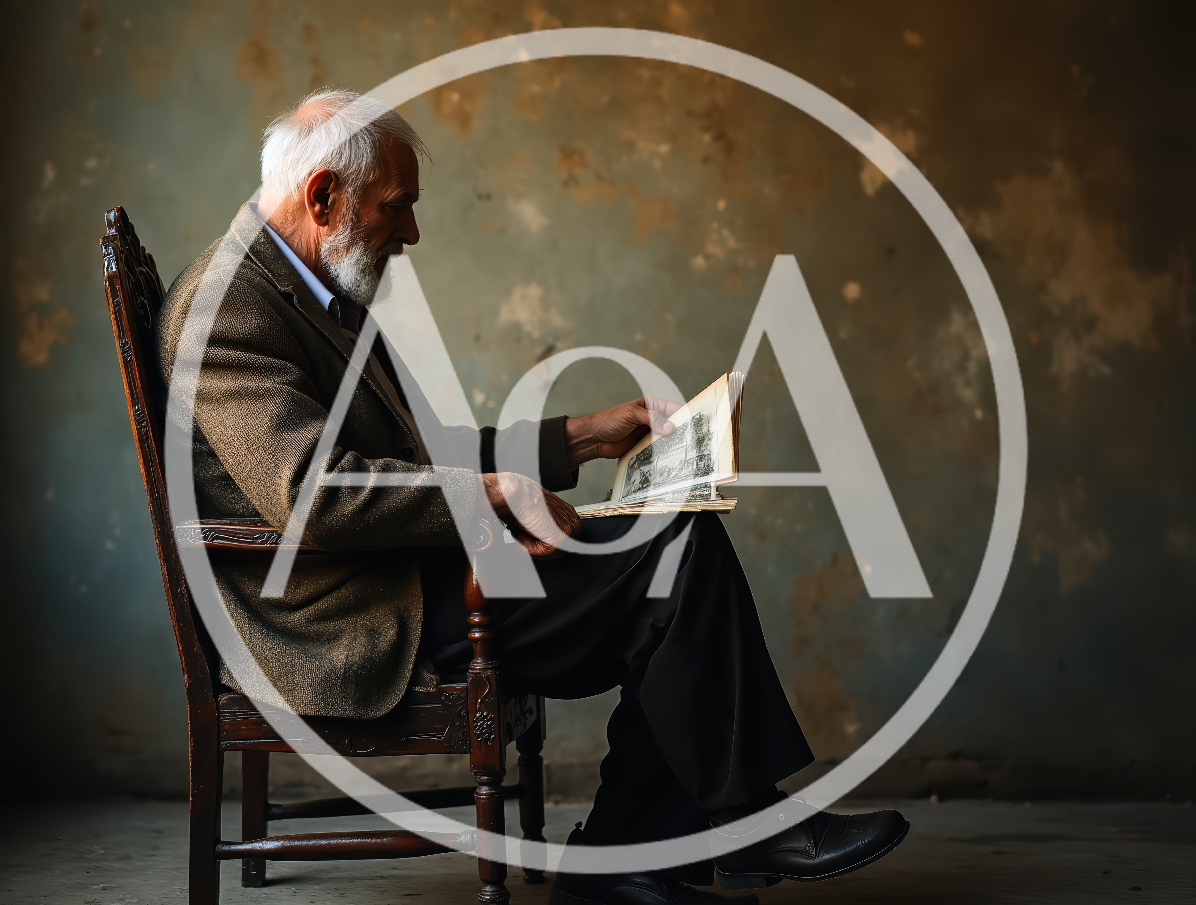 Elderly Man Reading An Antique Book In A Chair