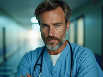 Serious Male Doctor Standing In Hospital Corridor