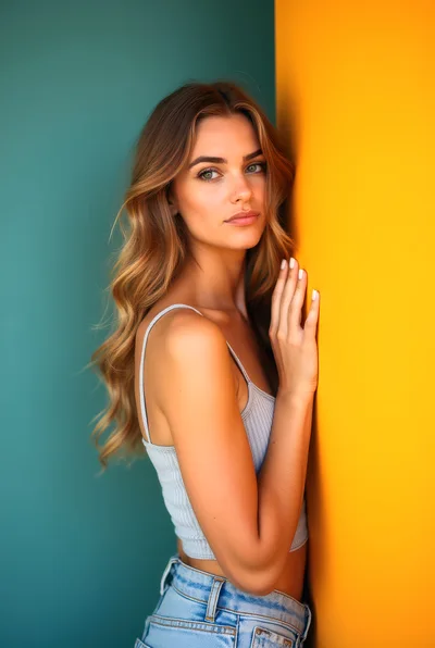 Young Woman Leaning Against A Vibrant Two-Tone Wall