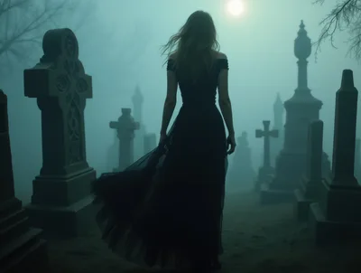 Woman in Black Dress Walking Through Foggy Cemetery
