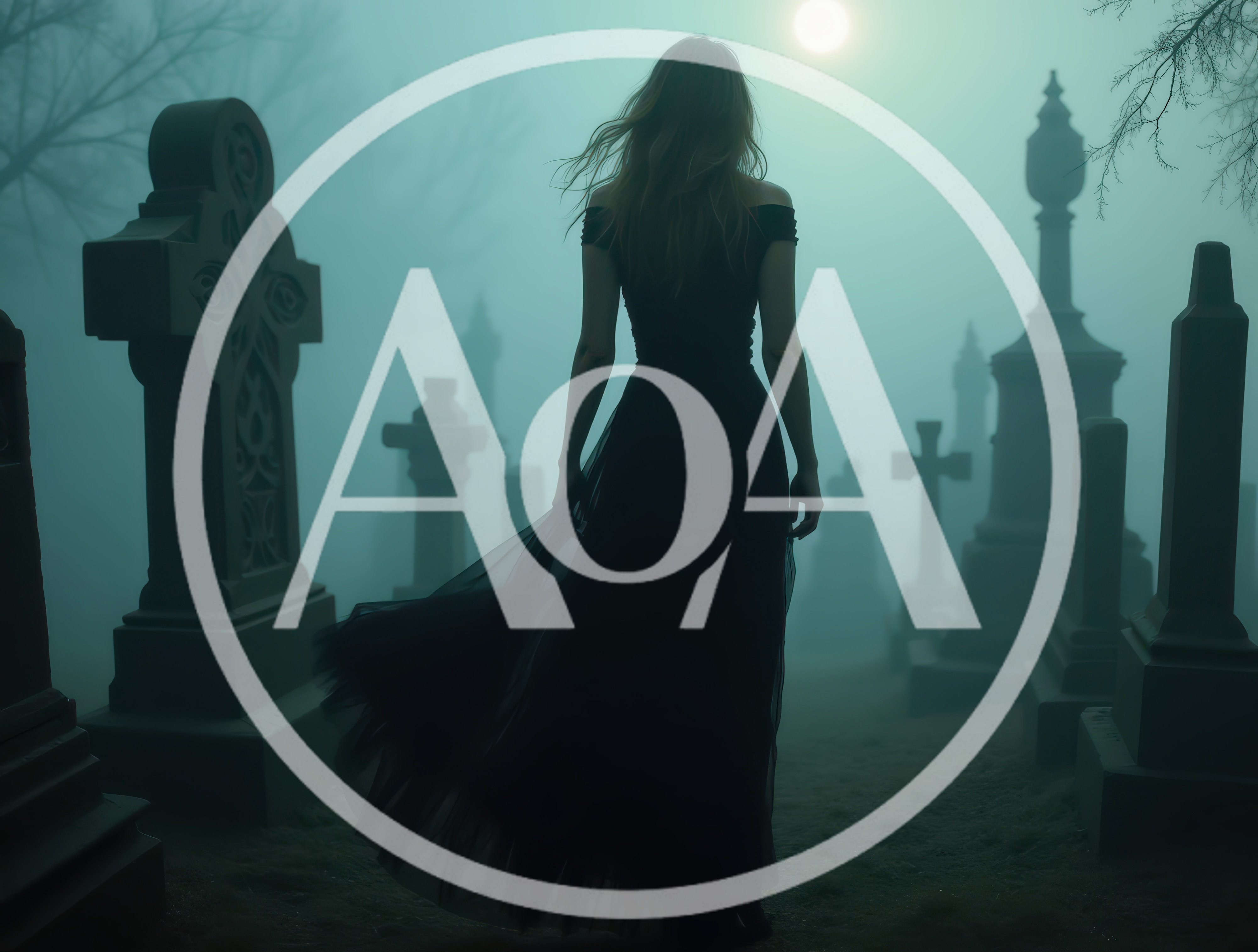 Woman in Black Dress Walking Through Foggy Cemetery