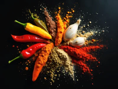 Assorted Fresh Chili Peppers and Spices on Black Background