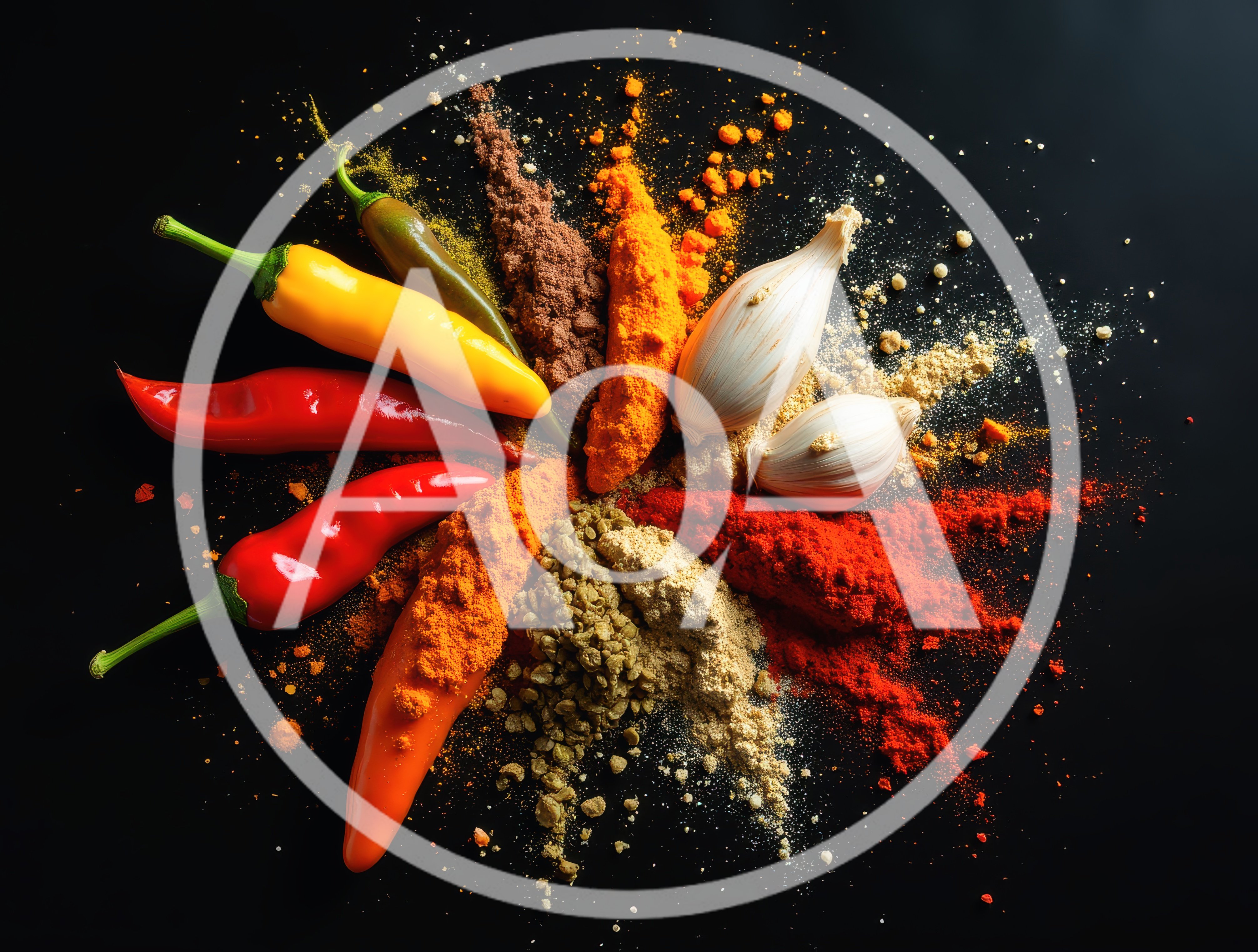 Assorted Fresh Chili Peppers and Spices on Black Background