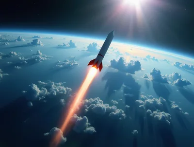 Rocket Launching Into Space Above Earth Clouds