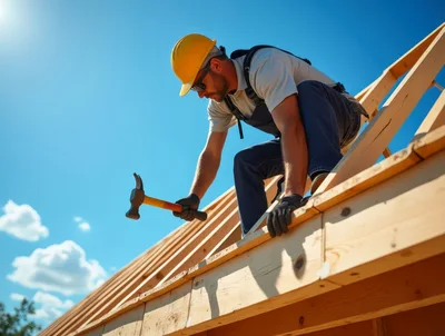 Construction Worker Hammering Wooden Roof Frame