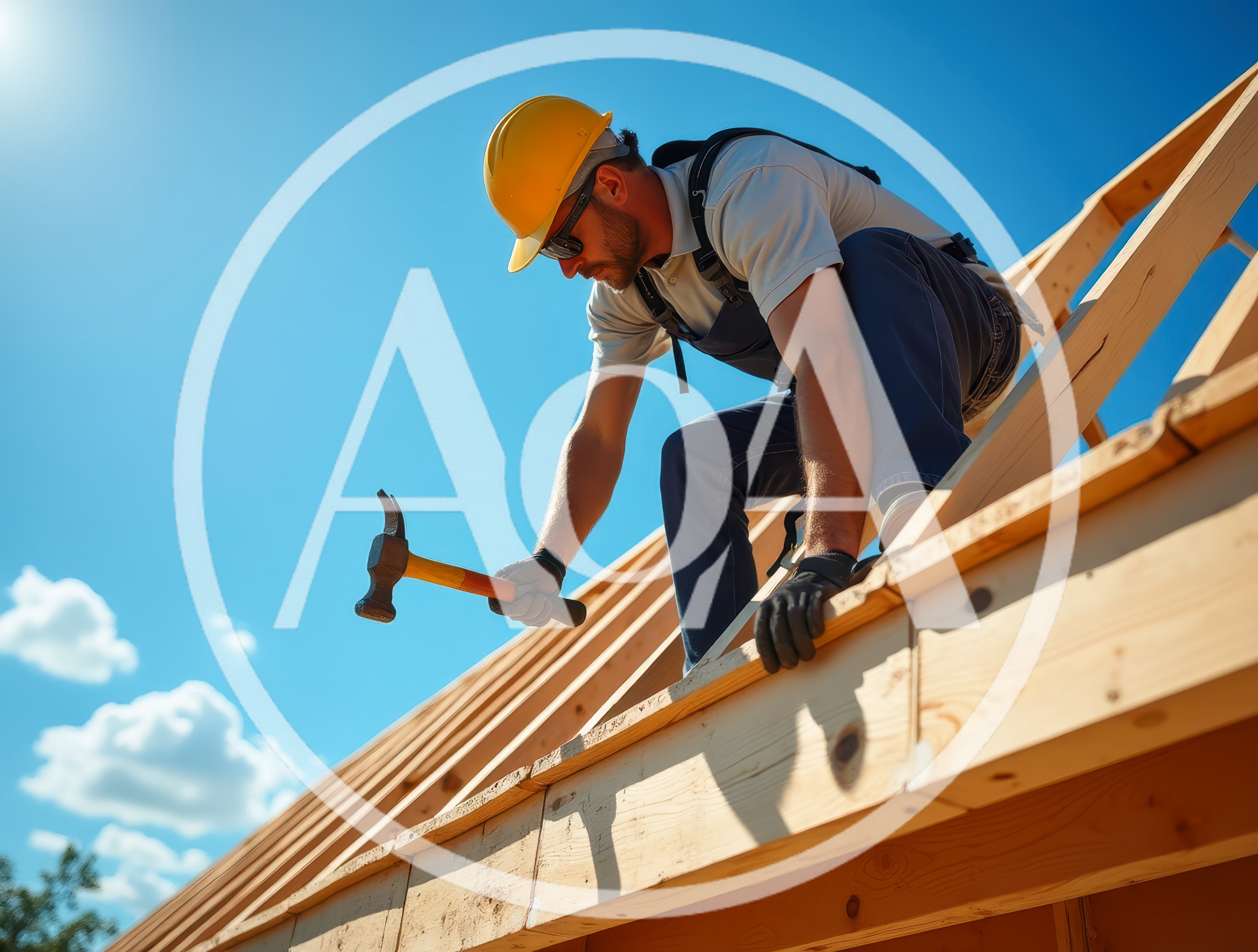 Construction Worker Hammering Wooden Roof Frame