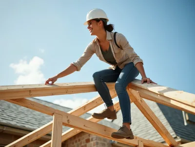 Female Construction Worker Sitting On Wooden Roof Frame