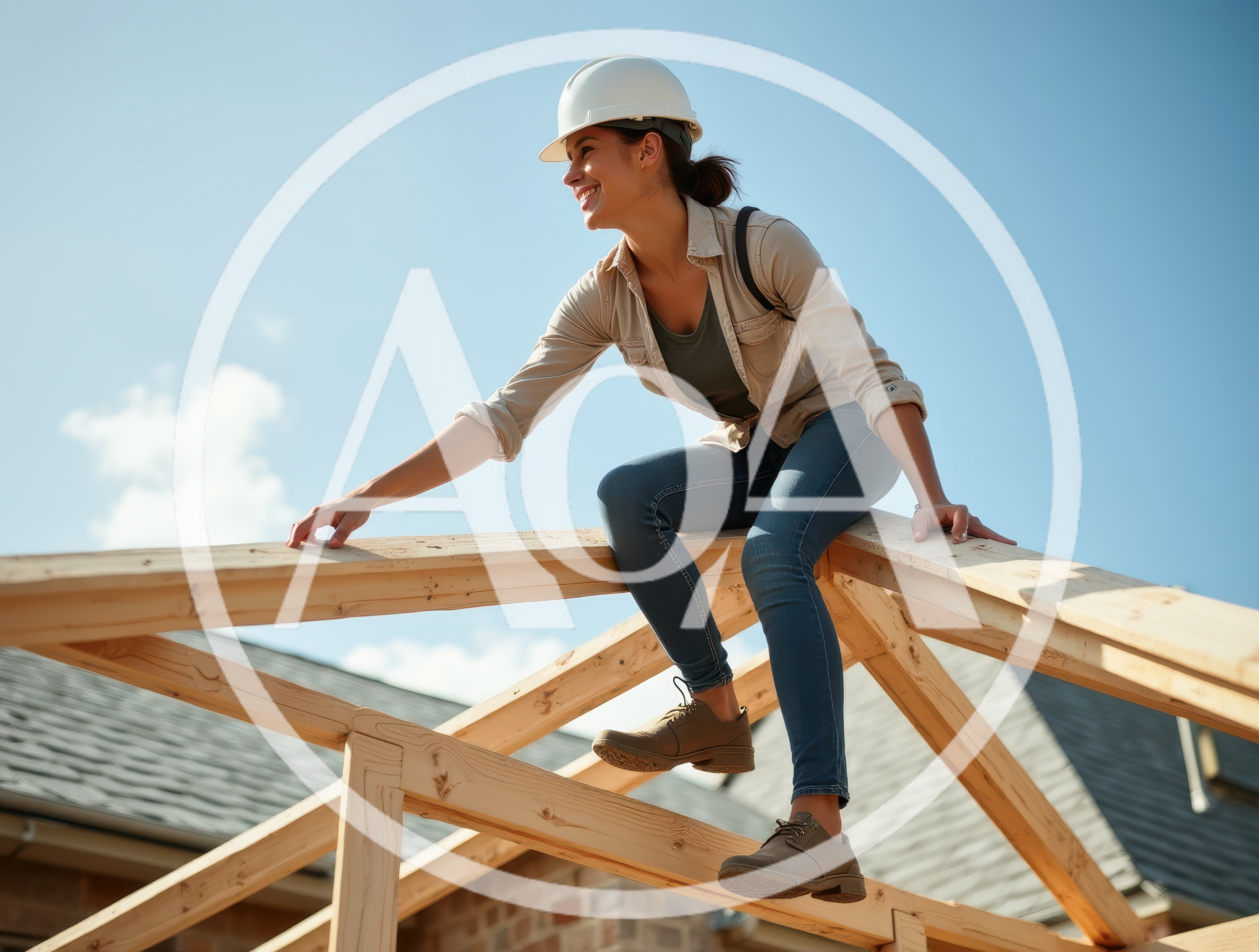 Female Construction Worker Sitting On Wooden Roof Frame