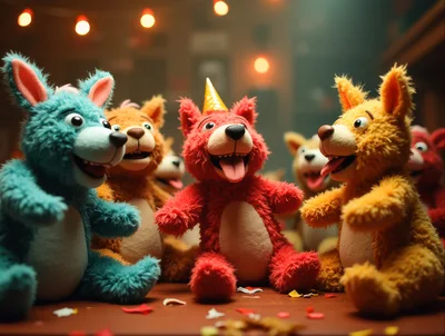 Group Of Colorful Plush Animal Toys Celebrating A Party