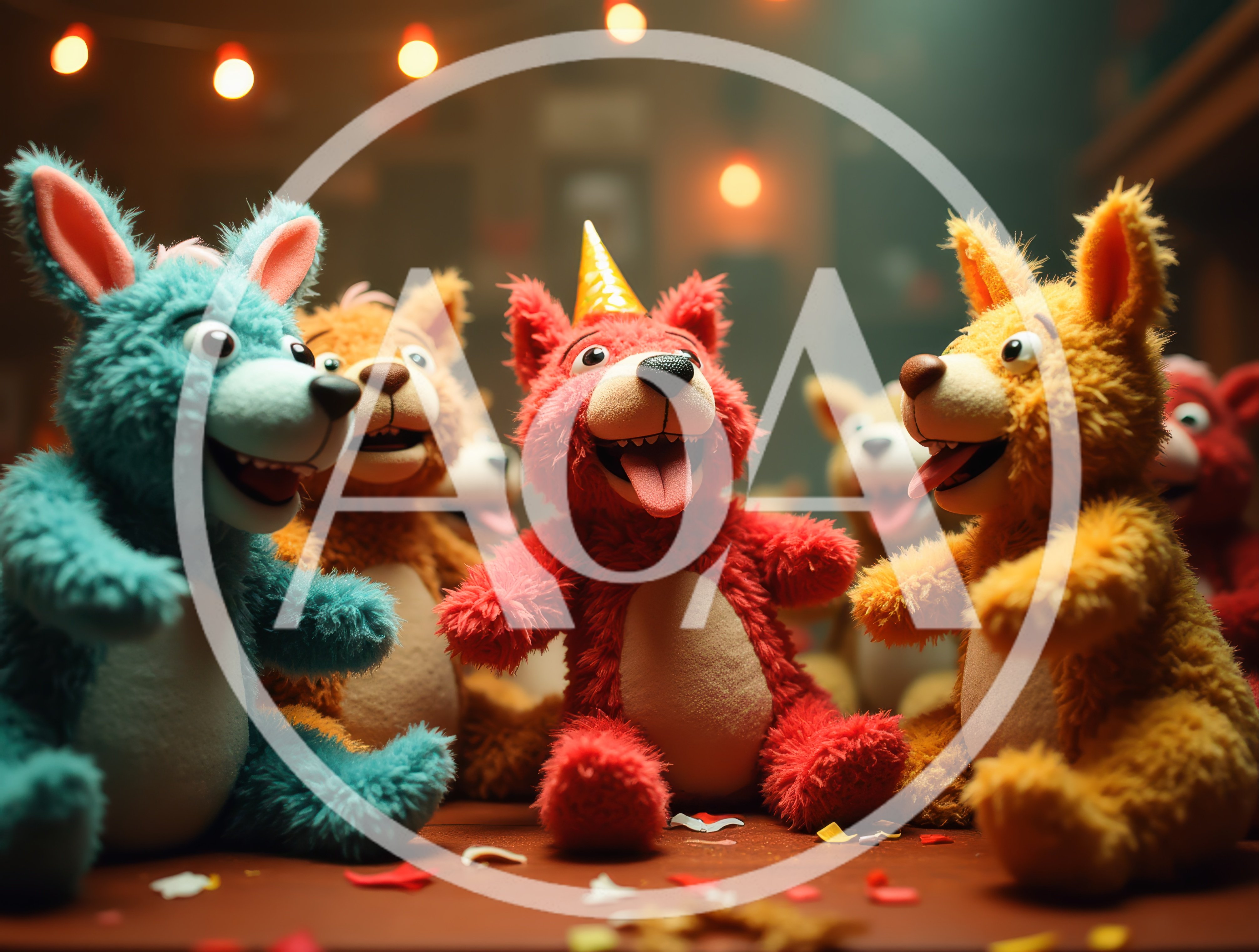 Group Of Colorful Plush Animal Toys Celebrating A Party