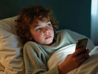 Young Child Using Smartphone in Bed at Night