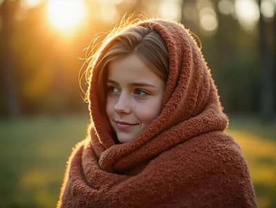 Young Girl Wrapped In A Warm Brown Blanket Outdoors