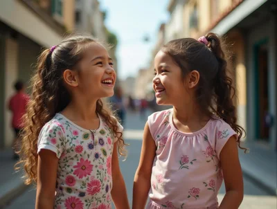 Two Young Girls Laughing Together Outdoors