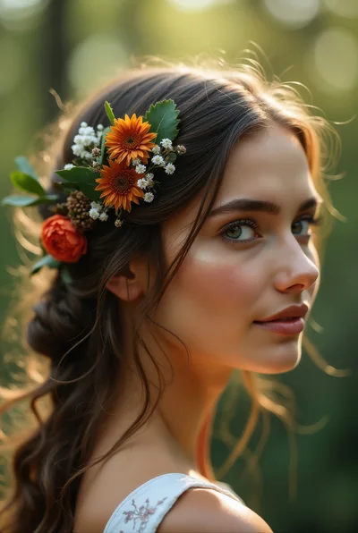 Portrait Of A Young Woman With Floral Hair Accessories