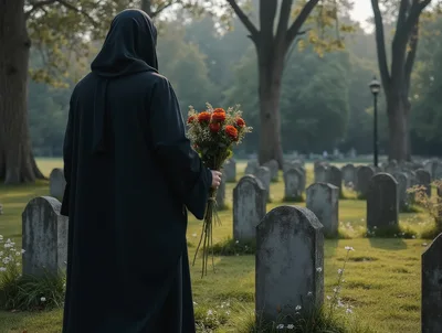 Woman In Black Abaya Holding Flowers At Cemetery