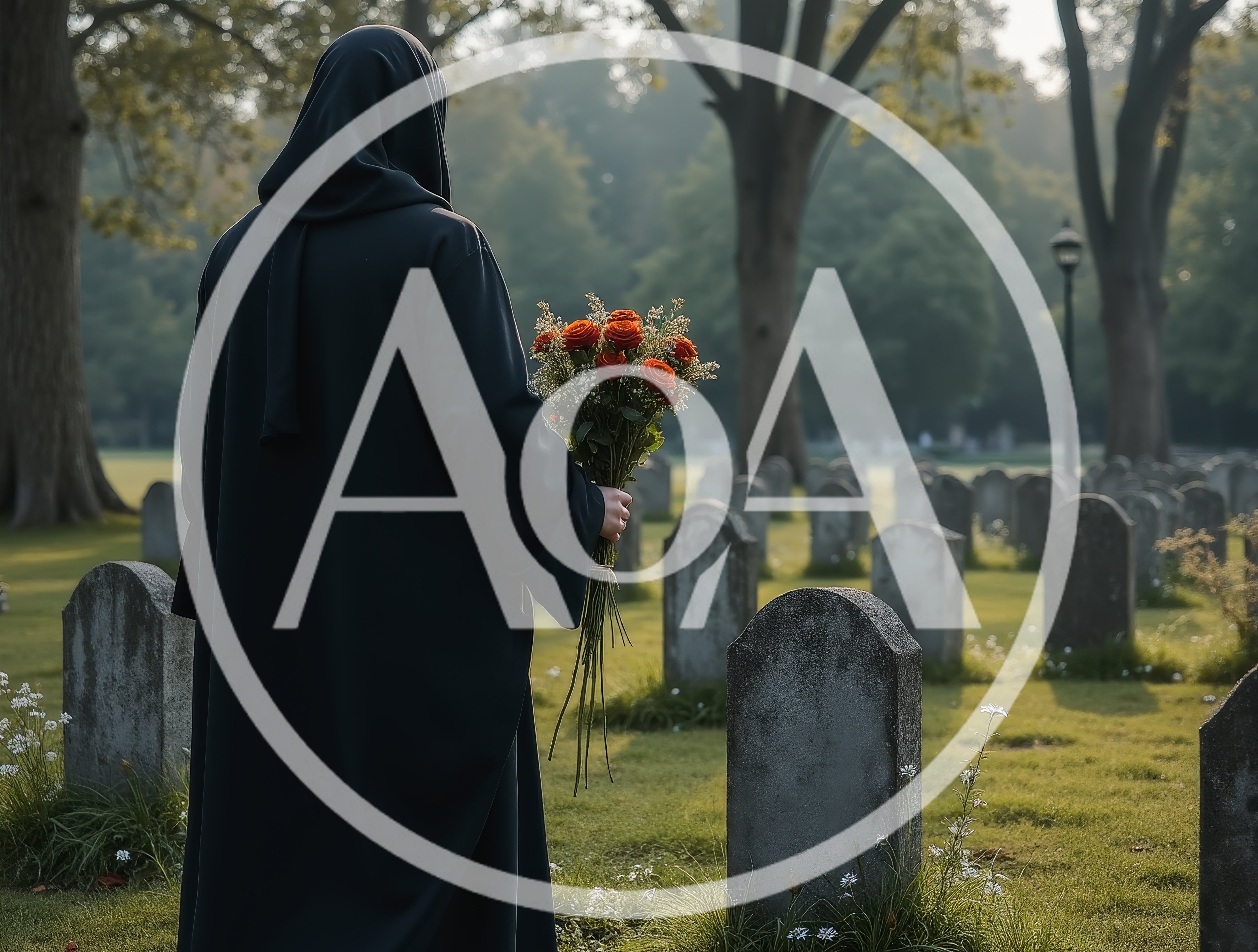 Woman In Black Abaya Holding Flowers At Cemetery