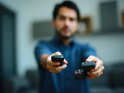 Man Holding Two Remote Controls Towards Camera