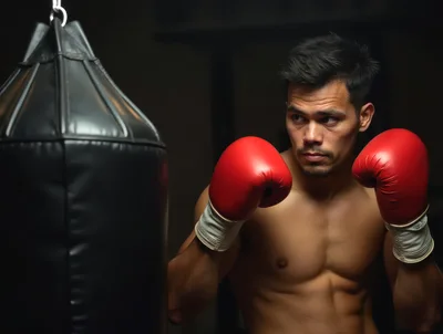 Shirtless Boxer Training With A Heavy Punching Bag