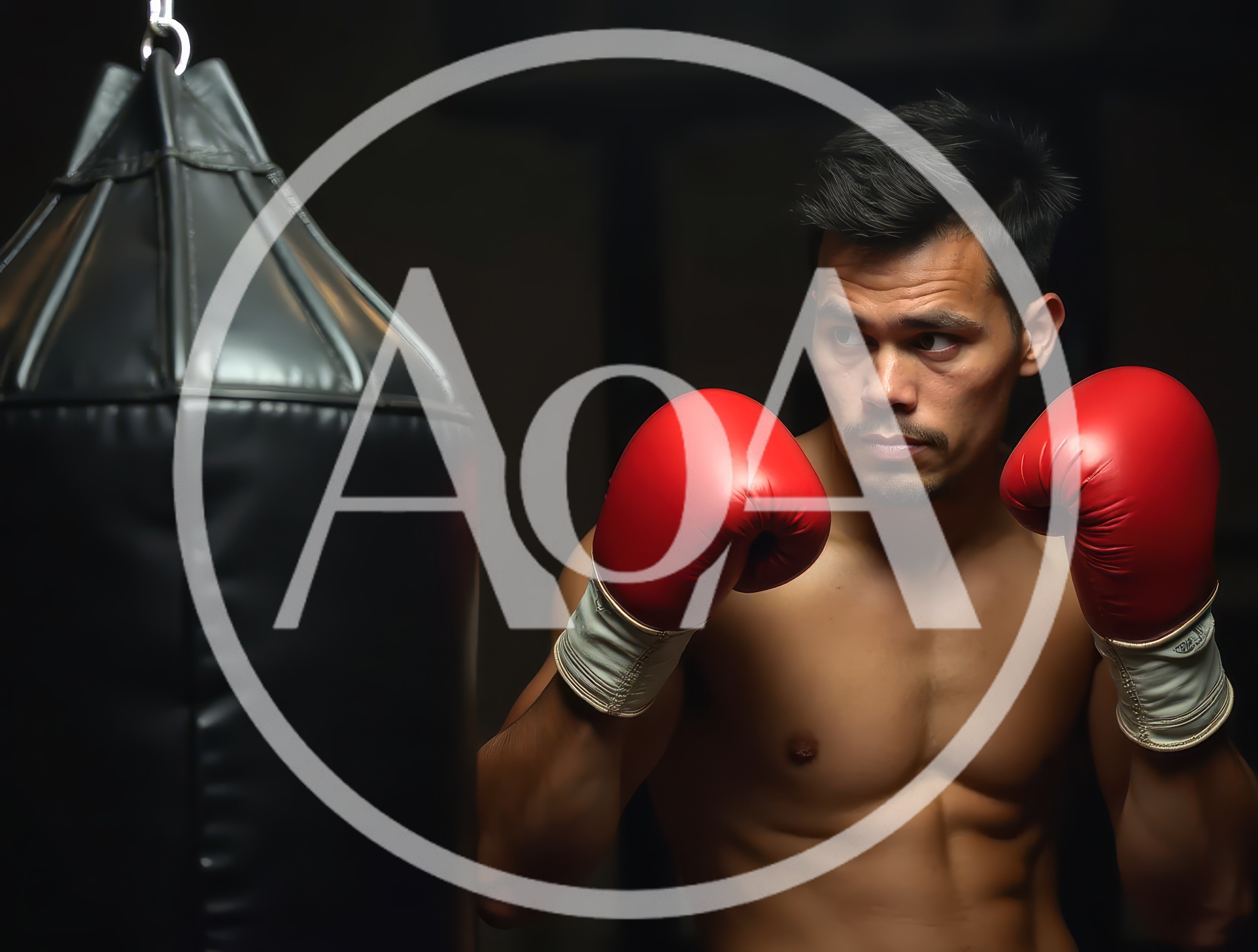 Shirtless Boxer Training With A Heavy Punching Bag
