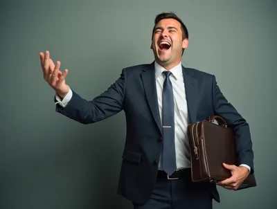 Businessman Laughing While Holding A Leather Briefcase