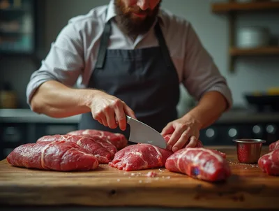 Butcher Preparing Raw Beef Roasts In Professional Kitchen