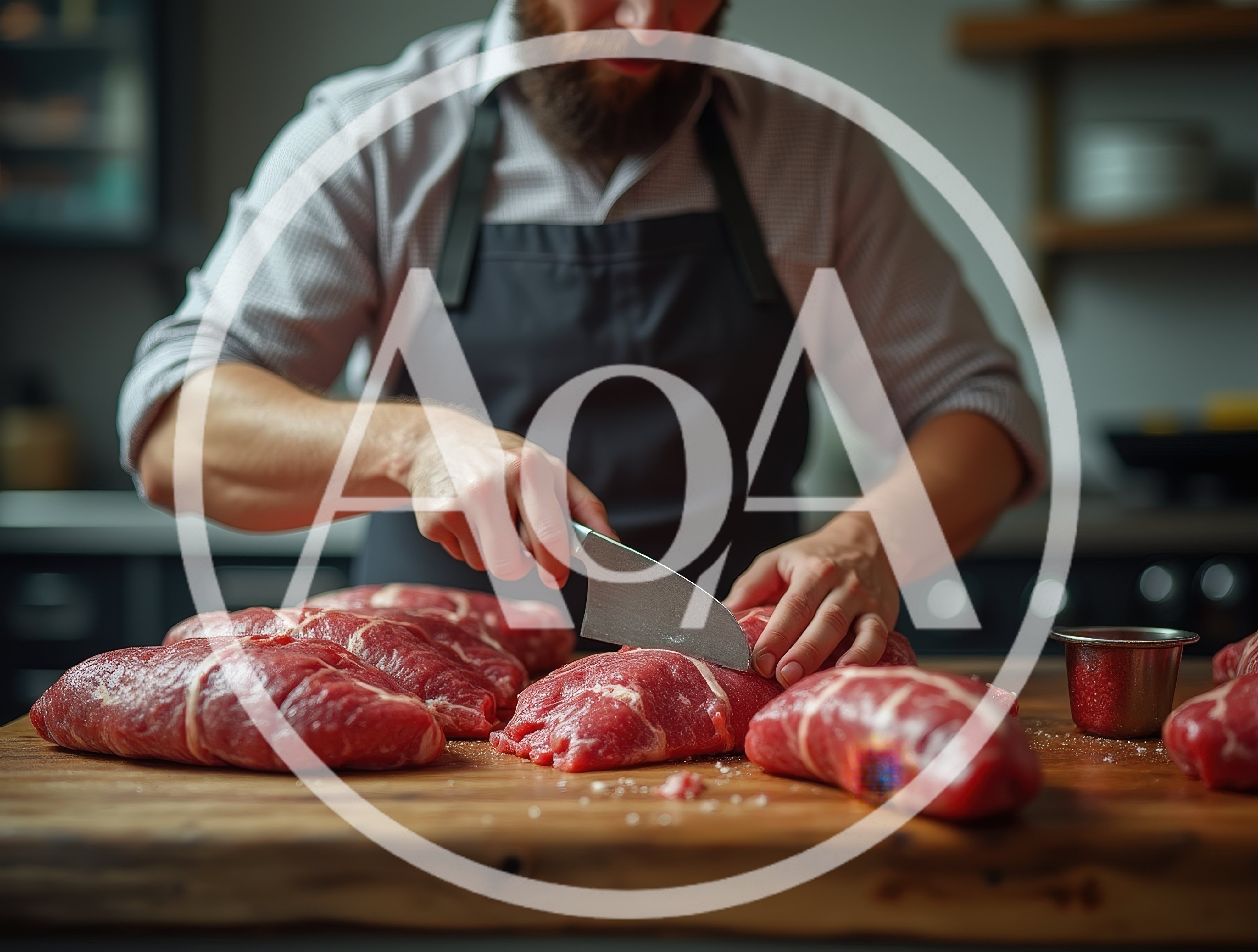 Butcher Preparing Raw Beef Roasts In Professional Kitchen