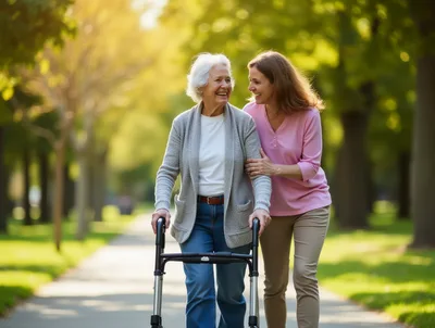 Senior Woman Walking With Caregiver In Park