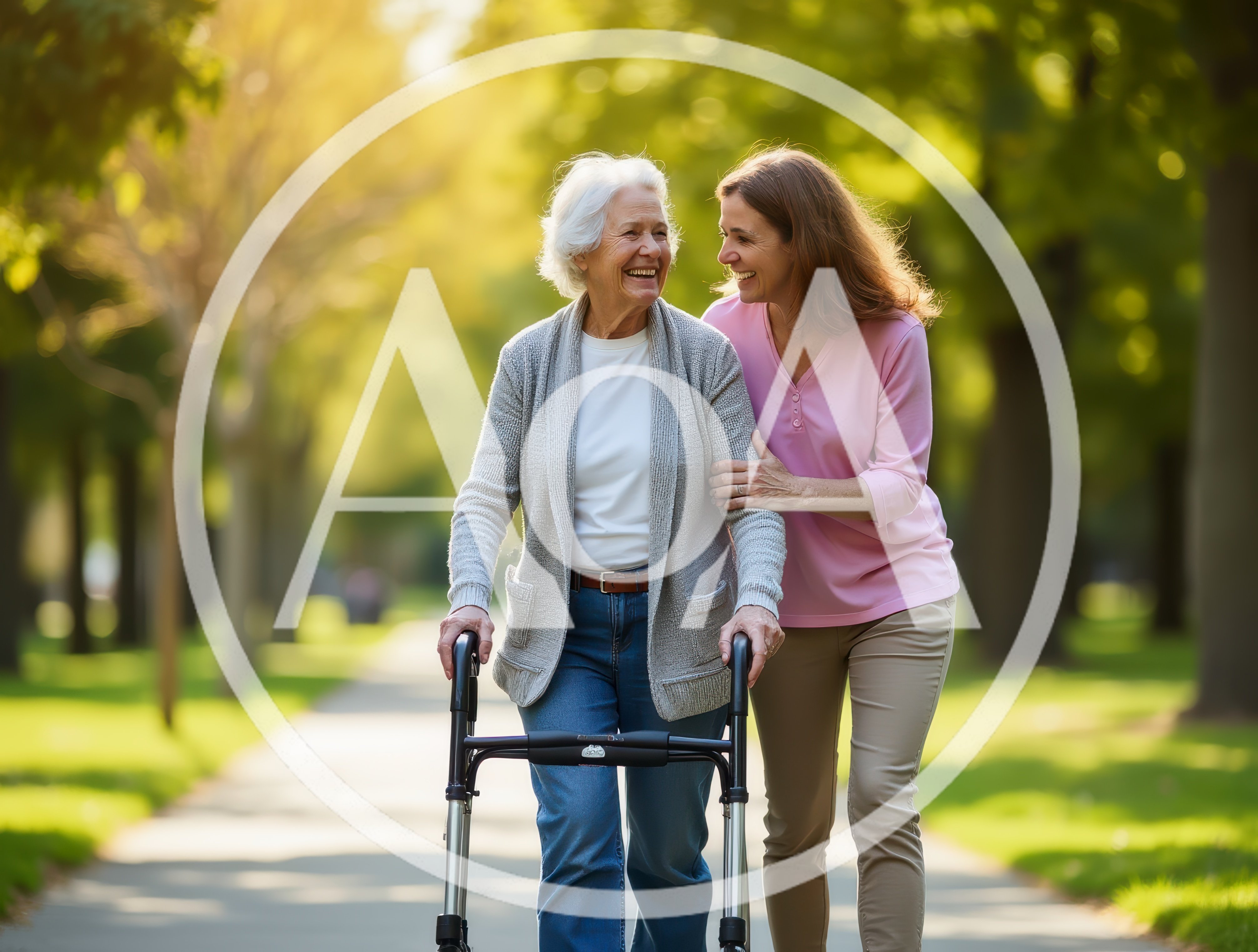 Senior Woman Walking With Caregiver In Park