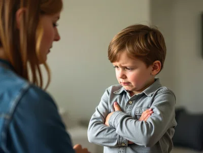 Upset Young Boy With Crossed Arms Facing Mother
