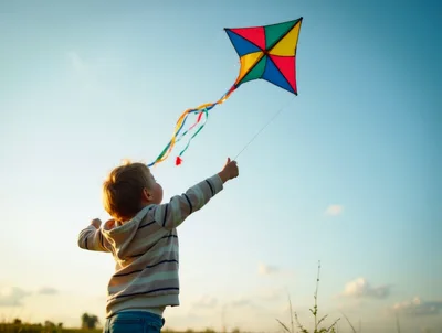 Young Boy Flying A Colorful Kite Outdoors