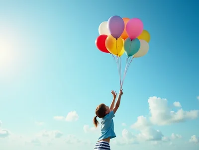 Young Girl Holding Colorful Balloons Against Blue Sky
