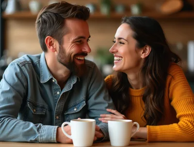 Happy Couple Laughing Together Over Morning Coffee