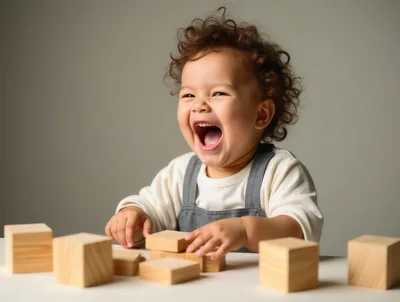 Happy Toddler Playing With Wooden Blocks