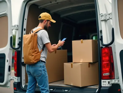 Delivery Driver Scanning Packages At The Back Of A Van