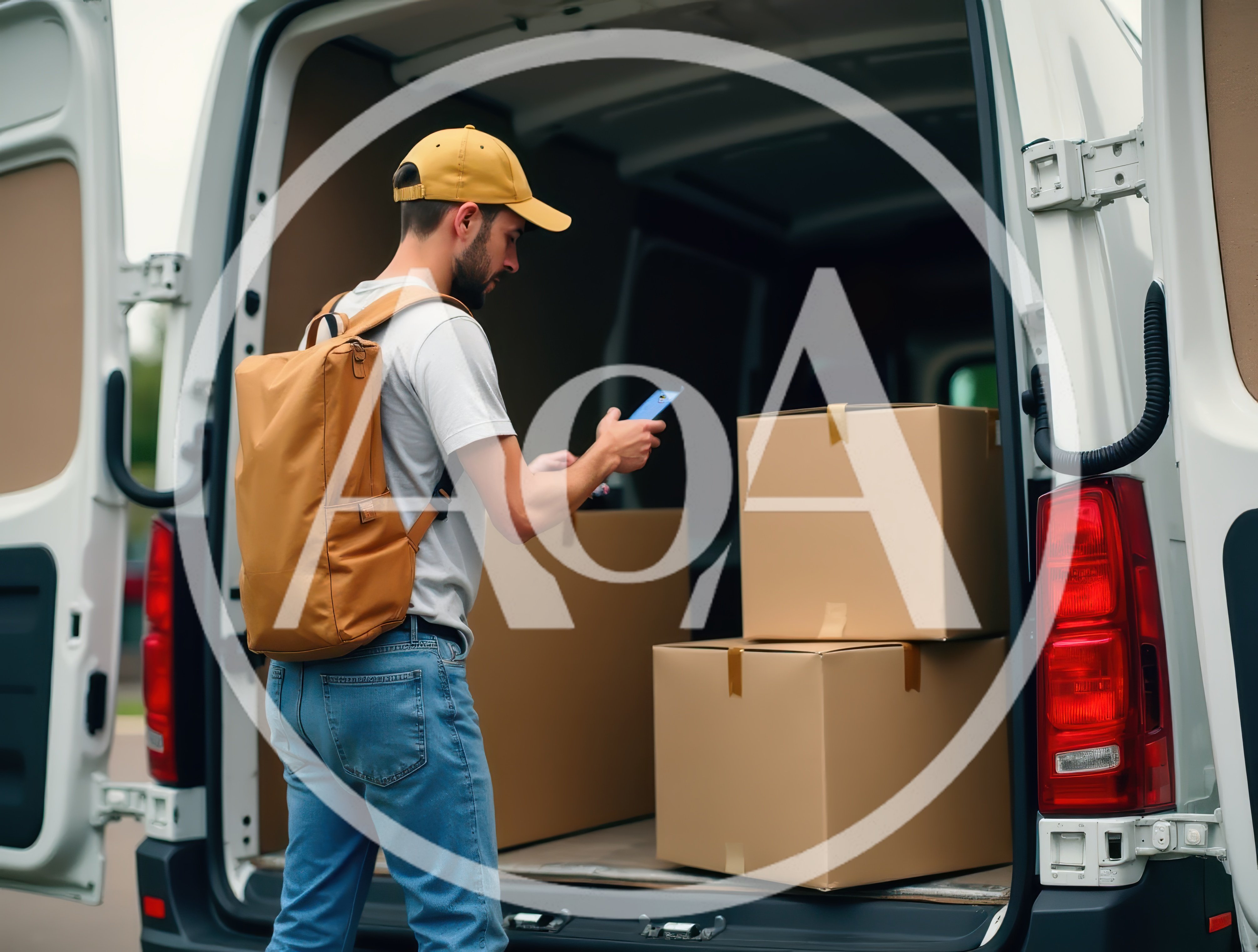 Delivery Driver Scanning Packages At The Back Of A Van