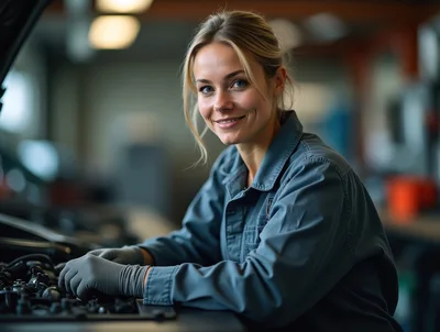 Female Mechanic Working On Car Engine In Workshop