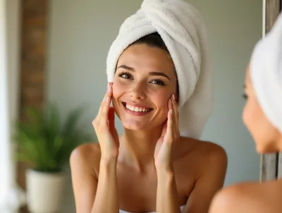 Young Woman Applying Skincare In Bathroom Mirror